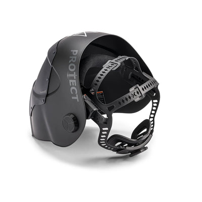 Detalle visor automático casco seguridad láser